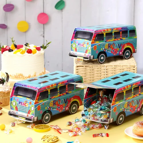 Eersida 3 piezas de decoraciones geniales de los años 60 y 70, decoraciones de fiesta hippie de flores, paz, autobús retro, golosinas, cajas de