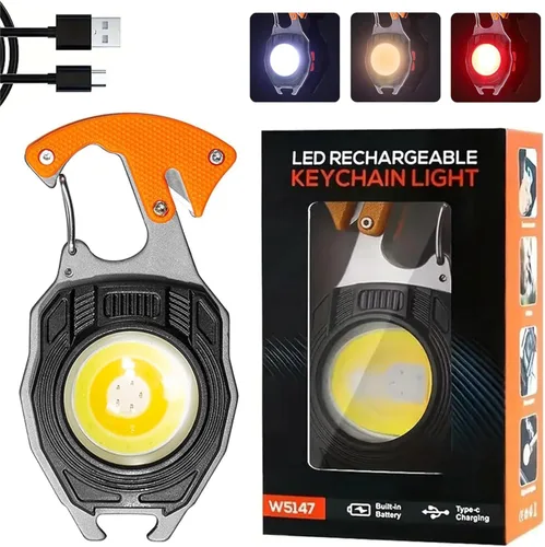 Miniatura 7 de Llavero COB con 7 modos de luz, 1600 lúmenes, luz de trabajo portátil recargable por USB, luz de emergencia con soporte plegable, abrebotellas