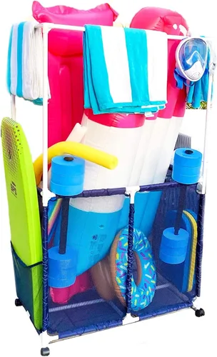 Soporte para equipo de piscina con barras de secado de toallas, organizador de almacenamiento multiusos con ruedas de malla, colgador de toallas