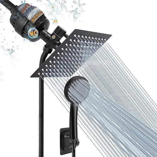 NearMoon Cabezal de ducha de lluvia filtrado, cuadrado de alta presión de 8 pulgadas y 5 ajustes de filtro de ducha de mano combinado con soporte