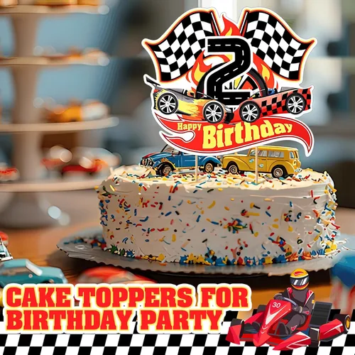 Miniatura 6 de Maitys Decoración para pastel de 2º cumpleaños con temática de auto de carreras, suministros de fiesta de cumpleaños, bandera a cuadros, decoración