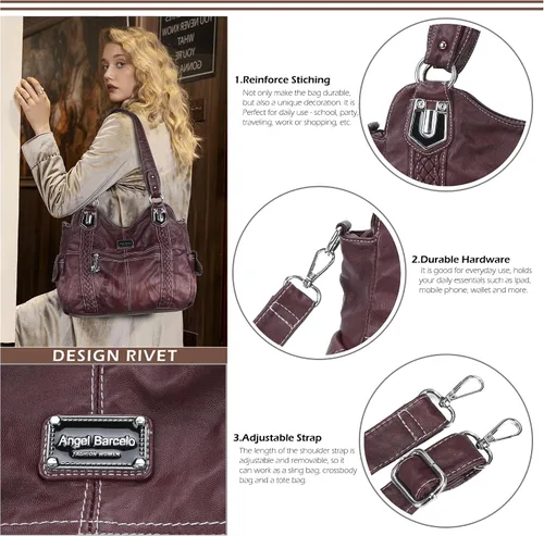 Miniatura 38 de Angel Barcelo - Bolsa de hombro amplia para mujer, diseño Hobo, cuero lavado