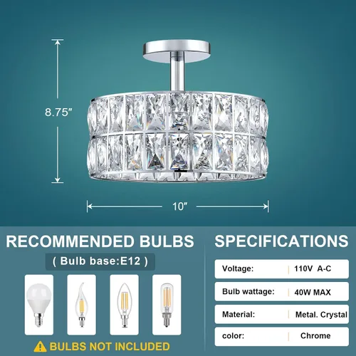 Miniatura 4 de Lámpara de techo de tambor de cristal cromada de 12 pulgadas, montaje semiempotrado, accesorio de granja para sala de estar, comedor, dormitorio