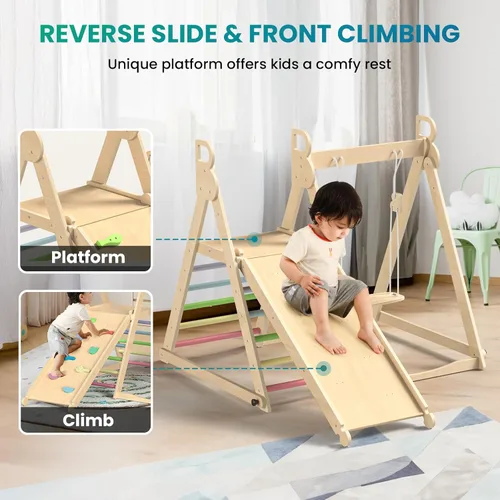 Miniatura 3 de BlueWood Gimnasio de la selva interior 4 en 1, juego de escalada plegable de madera con columpio, tobogán, escalera y pared de escalada, juego