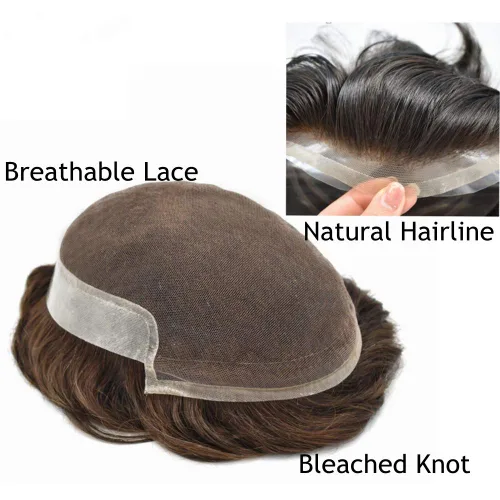Miniatura 4 de Pelo humano para hombre Toupee French Lace Front Natural Hairline postizos de color marrón medio sistema de reemplazo de cabello virginal