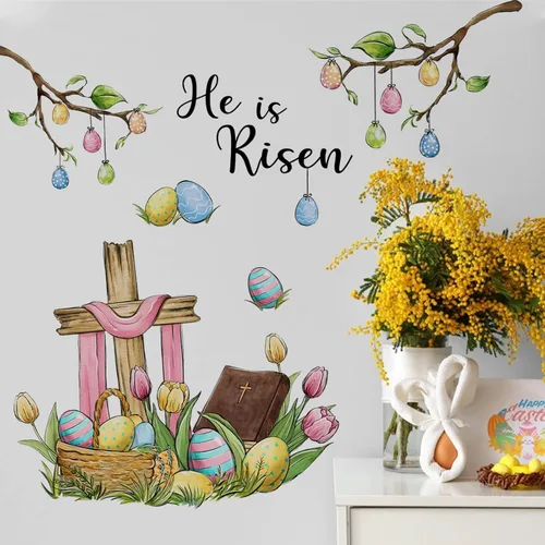 Miniatura 6 de Yovkky Calcomanías de pared de Pascua, con frase "He is resucitado", cruz cristiana, decoración de dormitorio, huevos de Cristo religioso, tulipán
