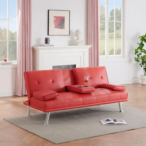 Miniatura 3 de Sofá cama plegable doble multifuncional de 67 pulgadas con 2 portavasos, sofá biplaza de cuero con reposabrazos extraíbles, sofá cama plegable Rojo