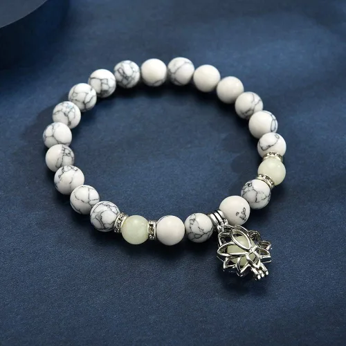 Miniatura 5 de Pulsera luminosa con forma de flor de loto que brilla en la oscuridad para mujer, piedras turquesas naturales, joyería de oración de yoga, Metal