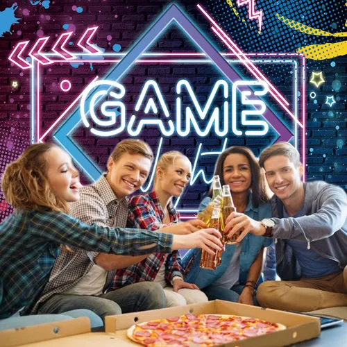 Miniatura 6 de Fondo de fotografía de lámpara de neón para noche de juegos, decoración de mesa de pastel, decoración de mesa, telón de fondo para fotos, 5 x 3 pies