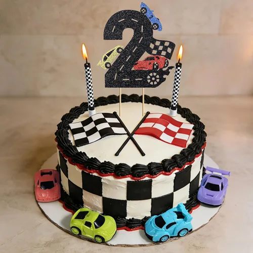 Miniatura 7 de Decoración para tartas de auto de carreras, 15 piezas, decoración de cumpleaños de autos de carreras, velas de cumpleaños falg a cuadros