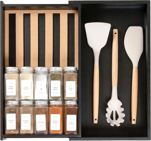 KitchenEdge Organizador de cajones de especias con almacenamiento expandible. Capacidad para hasta 15 tarros de especias (no incluidos), patas Negro