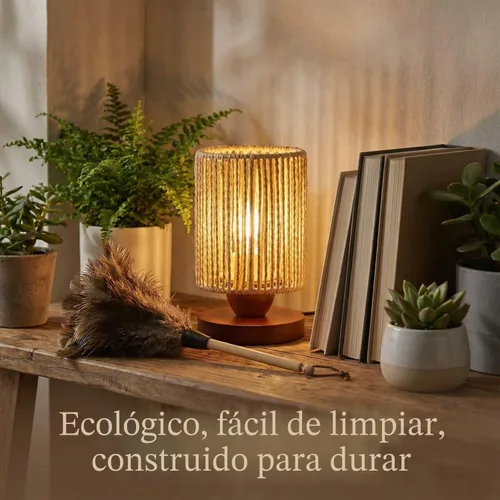 Miniatura 9 de Lámpara de mesa pequeña de ratán para dormitorio, lámpara de noche bohemia con bombilla LED cálida, lámpara de mesita de noche de mimbre tejida a