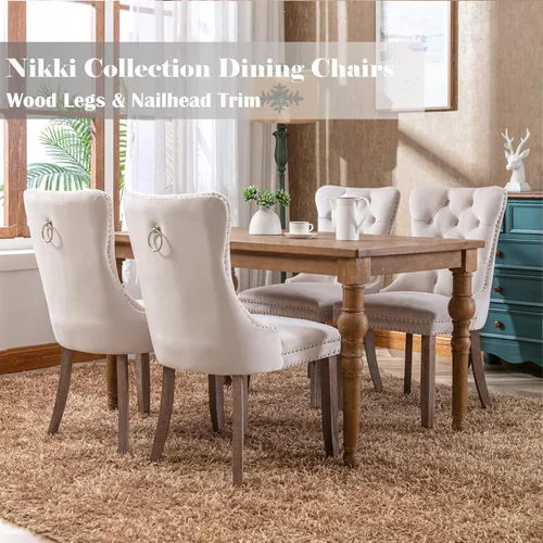 Miniatura 4 de Juego de 4 sillas de comedor de terciopelo beige, sillas de comedor tapizadas con adorno de tirador de anillo trasero y patas de madera maciza