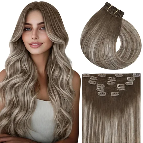 Miniatura 8 de Vivien Extensiones de cabello humano con clip, color negro azabache, extensiones de cabello humano real con pinzas invisibles, doble trama, 14