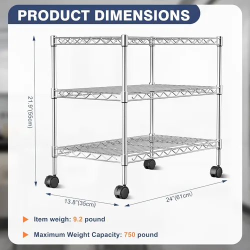 Miniatura 3 de Estantería de alambre de 3 niveles con capacidad de 340 kg, 61 cm de profundidad x 35,6 cm de ancho x 55,9 cm de alto, estantería metálica de cocina