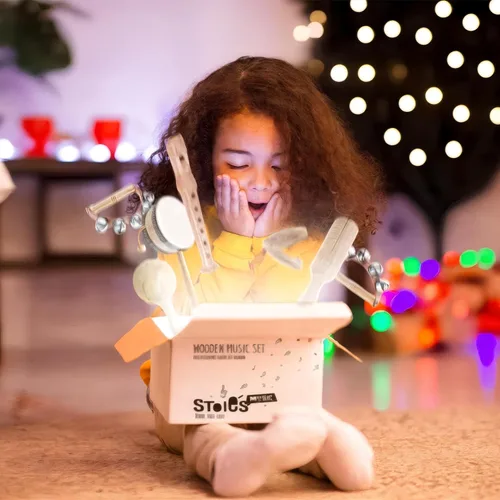 Miniatura 9 de Stoie's Instrumentos musicales de madera para niños pequeños con tambor, campanas de mano, flauta, maracas, castañuelas, panderetas, para bebés