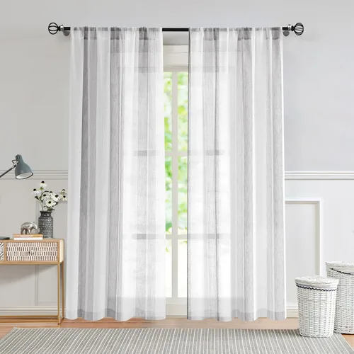 Miniatura 11 de Central Park Cortinas Transparentes de Rayas Beige y Blancas Estilo Granja de Lino Bouclé, Pares de Paneles de Cortina de Ventana Tejidos con Hilo