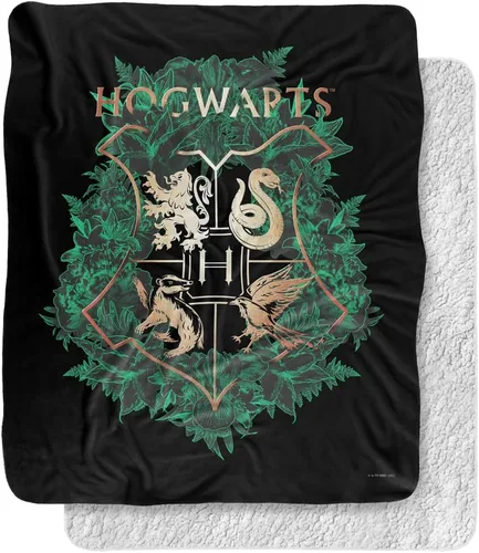 Manta de Harry Potter, 50 x 60 pulgadas, Hogwarts Green and Gold Floral Crest Silky Touch Sherpa Back Manta súper suave