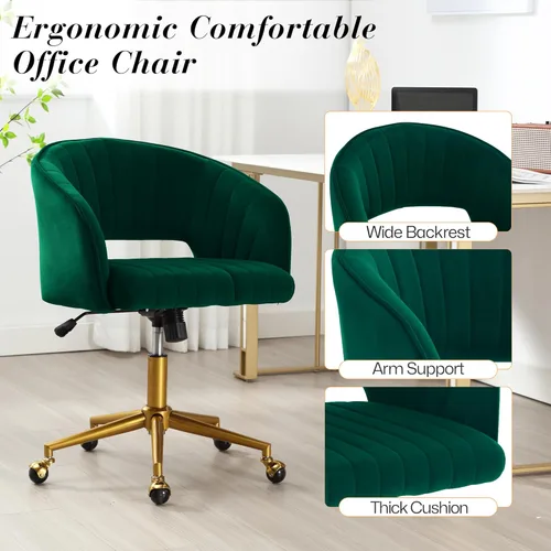 Miniatura 5 de Silla de escritorio giratoria para oficina en casa, moderna silla de escritorio de terciopelo, sillón de altura ajustable con base dorada, silla