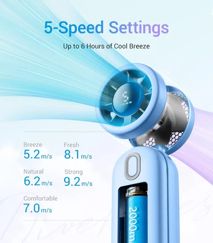 Miniatura 5 de Diveblues Ventilador turbo de mano portátil de alta velocidad, alimentado por batería recargable USB, pequeño ventilador de bolsillo portátil