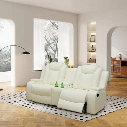 Miniatura 18 de Juego de sofá reclinable eléctrico, sofá reclinable de cuero de aire con LED/portavasos/almacenamiento, 2 muebles de sala de estar, sofá de cuero