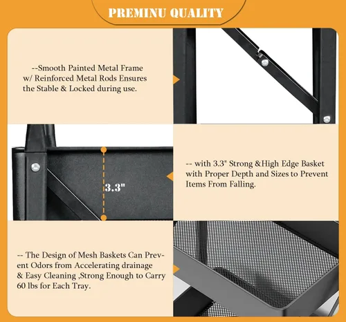 Miniatura 5 de Carrito plegable con ruedas de 3 niveles, carrito de almacenamiento utilitario de metal resistente sin montaje, carritos de cocina plegables sobre