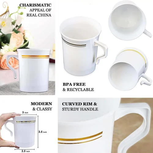 Miniatura 3 de Efavormart - Paquete de 8 tazas de café de plástico blanco de 8 onzas con borde dorado, tazas desechables de cacao caliente de la colección Tres