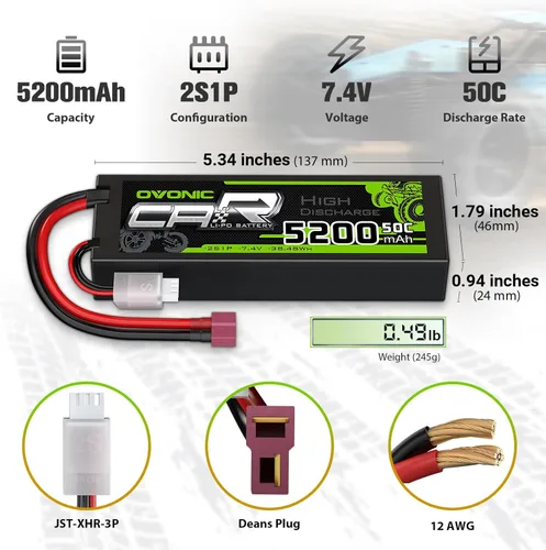 Miniatura 2 de OVONIC 2s Lipo Battery - Batería Lipo de 5200 mAh 7.4 V con conector en T estilo Dean para automóviles, camiones, barcos, vehículos (2 paquetes)