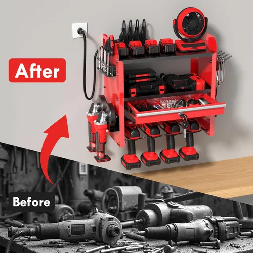 Miniatura 7 de KSVO Organizador de herramientas eléctricas para montaje en pared con estante de taladro y cajones de bloqueo, estante de herramientas de metal Rojo
