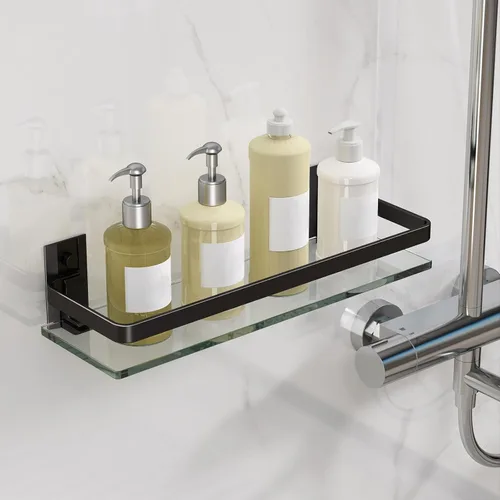 Miniatura 2 de Danpoo Estante de Pared de Vidrio Templado Transparente, Organizador de Montaje en Pared para Baño, Cocina (Negro Mate)