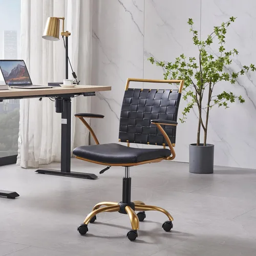 Cómoda silla de oficina con respaldo medio, silla de escritorio de cuero dorado y negro con respaldo tejido y cojín grueso, silla giratoria