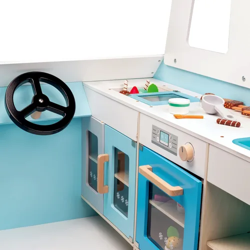 Miniatura 9 de Juego de camión de helados de madera - 20 piezas de juguetes divertidos incluyendo congelador, volante, fregadero y lámina de pegatinas para niños