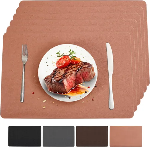 Miniatura 15 de Juego de 6 manteles individuales de vinilo, resistentes al calor, fáciles de limpiar, antideslizantes, para mesa de comedor, piel sintética, Negro