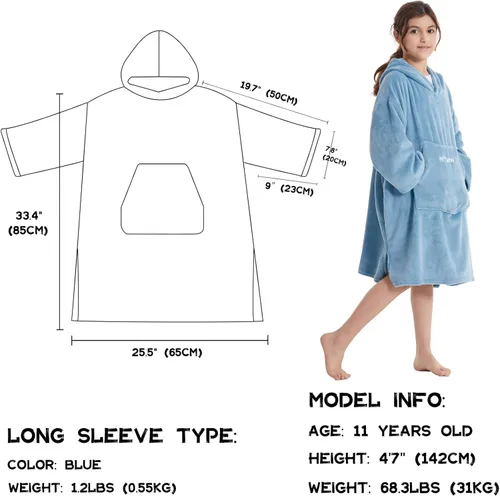 Miniatura 2 de Hiturbo Bata de cambio de toallas para niños: manta de felpa suave, sudadera con capucha cálida de forro polar coral, poncho de surf de natación Azul