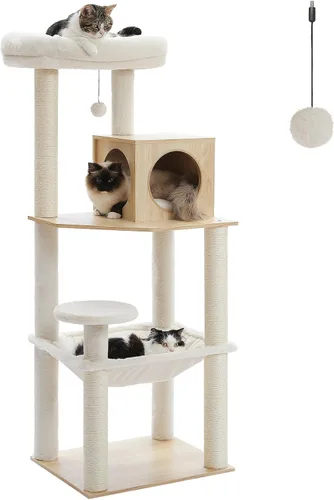 PETEPELA Árbol de Madera para Gatos de Interior Torre de Múltiples Niveles con Postes Rascadores Cubiertos de Sisal, Condominio Acogedor, Hamaca