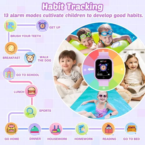 Miniatura 6 de Reloj inteligente impermeable para niños con 32 juegos, cámara dual, video, seguimiento de hábitos, reproductor de música, podómetro, protectores