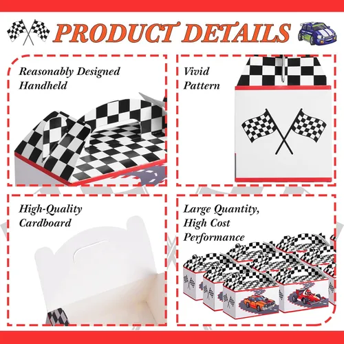 Miniatura 5 de 24 cajas de regalo de fiesta de autos de carreras con asa de bandera de carreras, cajas de golosinas para regalos de caramelos, ruedas a cuadros
