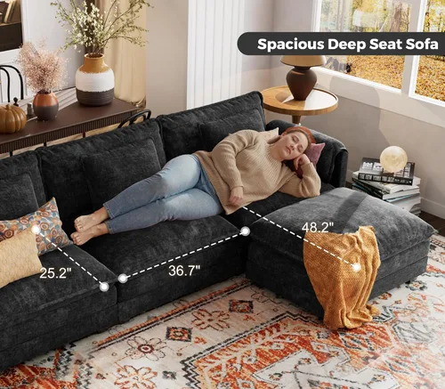 Miniatura 8 de ELUCHANG Sofá modular de gran tamaño de 79 pulgadas, cómodo sofá en forma de nube para sala de estar, sofá en forma de L con otomana, sofá de Negro