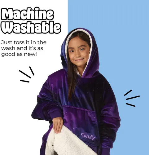 Miniatura 7 de THE COMFY Original Jr para niños Manta de sherpa de forro polar de gran tamaño con capucha y bolsillo Vista en Shark Tank Galaxia