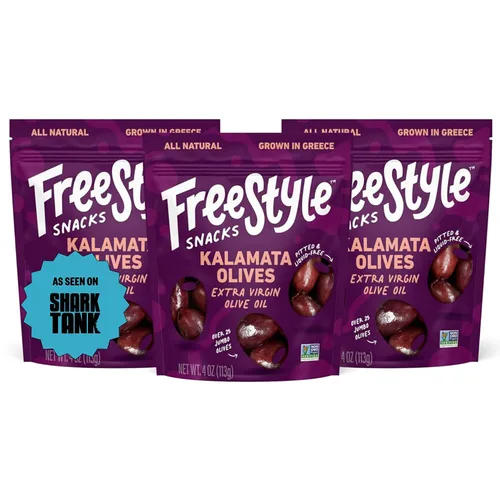 Freestyle Snacks, Paquetes de aperitivos de oliva, como se ve en Shark Tank, aceitunas kalamata frescas sin hueso, marinadas en aceite de oliva