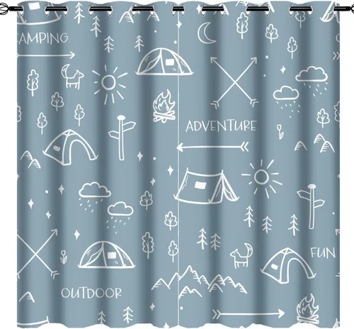 Miniatura 27 de Cortinas abstractas con estampado de cámper de caricaturas, divertido tema de aventura, campamento, montañas, vida silvestre, oso, tratamiento