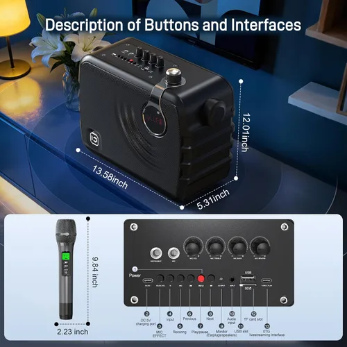 Miniatura 8 de SHIDU Sistema PA portátil de 150 W con 2 micrófonos inalámbricos, amplificador de voz Bluetooth y máquina de karaoke para adultos, soporte
