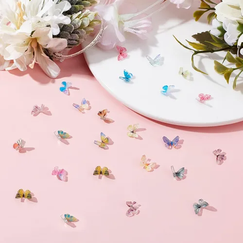 Miniatura 4 de SUNNYCLUE 1 caja de dijes de resina de mariposa, coloridos cabujones de mariposa 3D, diminutos dijes de espalda plana para mujeres, broche, uñas