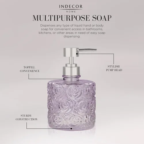Miniatura 5 de Dispensador de jabón de vidrio Marcella con bomba de jabón, recargable con capacidad de 400 ml, diseño floral con patrones de rosas, vidrio grueso