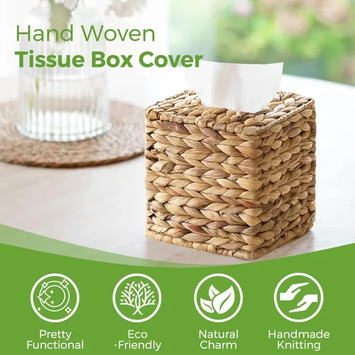 Miniatura 3 de Funda cuadrada de mimbre para caja de pañuelos, cajas de pañuelos faciales, caja de servilletas tejida a mano para baño, dormitorio, oficina, mesa