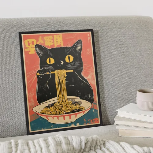 Miniatura 2 de Arte de pared vintage de gato japonés en lona, póster de gato negro peculiar comiendo ramen, impresión de arte retro de animales divertidos