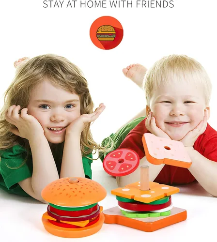 Miniatura 5 de Juguetes de hamburguesas de madera para apilar para niños, alimentos de juego Montessori para niños pequeños, juguetes educativos para niños de más