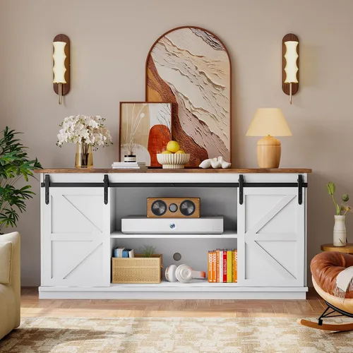 Miniatura 3 de YESHOMY Soporte de TV para televisores de hasta 65 pulgadas, con puertas correderas de granero y 4 cajones de almacenamiento, mesa consola y muebles