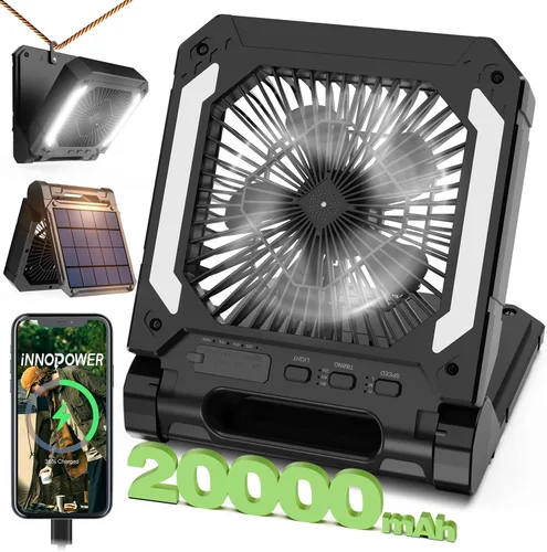 Ventilador portátil de 20000 mAh recargable con panel solar 2 en 1, ventilador inalámbrico de 3 velocidades con linterna LED, temporizador, Negro