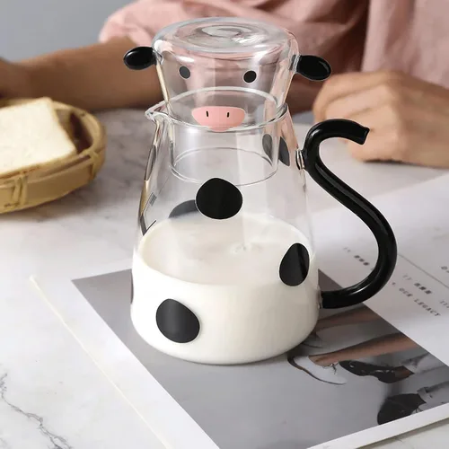 Miniatura 2 de Jarra de bebidas frías Jarra de vidrio con forma de vaca, botella de agua fría para bebidas, tetera para microondas, tetera, tetera, dispensador